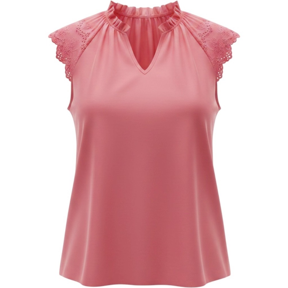 Coral Pink Eyelet Lace Flutter Sleeve Ruffle Neck V-Neck Blouse‎ Medium
